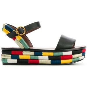 Tory Burch Camilla Platform Sandal, Black Leather, Embroidered Sole, size 7.5